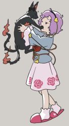 Rule 34 | animal, black bow, black headband, bow, cat, d-nobi, closed eyes, facing another, grey background, hair bow, headband, heart, holding, holding animal, holding cat, kaenbyou rin, kaenbyou rin (cat), komeiji satori, long sleeves, looking at another, multiple tails, one eye closed, purple eyes, purple hair, red footwear, short hair, skirt, slippers, tail, touhou, two tails