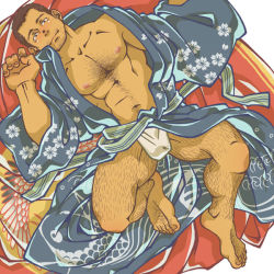 Rule 34 | 1boy, abs, bara, bare pectorals, blue kimono, blush, bulge, chest hair, dark-skinned male, dark skin, facial hair, floral print, from above, full body, fundoshi, hairy, hima (nichikan), japanese clothes, kimono, leg hair, looking at viewer, lying, male focus, male underwear, mature male, muscular, muscular male, navel, navel hair, nipples, on back, open clothes, open kimono, original, pectorals, print kimono, short hair, solo, stomach, stubble, thick thighs, thighs, underwear, white male underwear