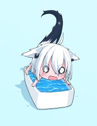Rule 34 | 1girl, absurdres, ahoge, all fours, animal ear fluff, animal ears, bath, blue background, blush, braid, chibi, commentary request, ears down, fox ears, fox girl, fox tail, hair between eyes, highres, hololive, ikamoworkshop, long hair, looking at viewer, o o, open mouth, pentagram, shirakami fubuki, sidelocks, simple background, single braid, solo, tail, tearing up, v-shaped eyebrows, virtual youtuber, white hair