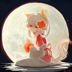 Rule 34 | 1girl, animal ears, bad id, bad pixiv id, character request, female focus, fire, flower, full moon, hair flower, hair ornament, japanese clothes, moon, night, obi, outdoors, red eyes, reflection, sash, signature, sky, solo, t0rped0, tail, white hair