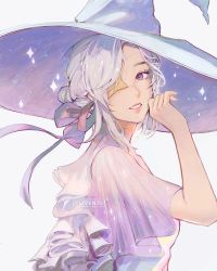 Rule 34 | 1girl, artist name, clivenzu, commentary, english commentary, from side, grey hat, hair bun, hair ribbon, hand up, hat, highres, looking at viewer, looking to the side, original, purple eyes, purple ribbon, ribbon, short sleeves, simple background, single hair bun, smile, solo, star (clivenzu), white background
