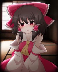 Rule 34 | 1girl, ascot, bare shoulders, between breasts, blush, bow, breasts, brown hair, commentary request, detached sleeves, hair bow, hair tubes, hakurei reimu, hakurei shrine, head tilt, indoors, large bow, looking at viewer, medium breasts, open mouth, red eyes, shiohachi, short hair, solo, touhou, v arms