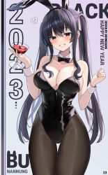 Rule 34 | 1girl, 2023, absurdres, alcohol, animal ears, bare arms, bare shoulders, black eyes, black hair, black leotard, bow, bowtie, breasts, chinese zodiac, cleavage, collarbone, cowboy shot, cup, detached collar, drinking glass, fake animal ears, grey pantyhose, grin, hair ribbon, hairband, hands up, happy new year, highleg, highleg leotard, highres, holding, large breasts, leotard, long hair, looking at viewer, nannung, new year, original, pantyhose, playboy bunny, rabbit ears, ribbon, sidelocks, skindentation, smile, smug, solo, standing, strapless, strapless leotard, thigh gap, thighs, twintails, very long hair, wine, wine glass, wrist cuffs, year of the rabbit