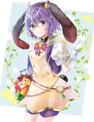Rule 34 | 1girl, 3:, ahoge, animal ears, bernadetta von varley, bernadetta von varley (spring), black hairband, blue eyes, bow, bowtie, closed mouth, clover, cowboy shot, crossed bangs, dress, eyes visible through hair, fake animal ears, fire emblem, fire emblem: three houses, fire emblem heroes, floppy ears, four-leaf clover, gloves, hair between eyes, hair ornament, hairband, hand up, legs together, nintendo, open clothes, open vest, pink bow, pink bowtie, puffy short sleeves, puffy sleeves, purple hair, purple shorts, purple vest, rabbit ears, rabbit tail, short sleeves, shorts, shorts under dress, solo, standing, tail, vest, white gloves, yellow dress, yuyu (spika)