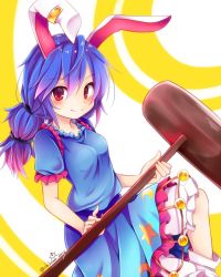 Rule 34 | 1girl, animal ears, bloomers, blue dress, blue hair, blush, breasts, rabbit ears, chikuwa savy, closed mouth, commentary, crescent, dress, earclip, gradient hair, long hair, looking at viewer, looking to the side, mallet, multicolored hair, pink hair, puffy short sleeves, puffy sleeves, rabbit girl, red eyes, seiran (touhou), short sleeves, sideways glance, small breasts, smile, solo, star (symbol), touhou, twitter username, underwear