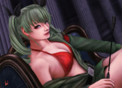 Rule 34 | 10s, 1girl, anchovy (girls und panzer), armband, armchair, belt, bikini, bikini top only, bikini under clothes, breasts, chair, cleavage, drill hair, dutch angle, ebi (eeotoko), girls und panzer, green hair, hair ribbon, highres, light smile, lips, long hair, looking at viewer, medium breasts, nose, off shoulder, parted lips, purple eyes, red bikini, ribbon, riding crop, shorts, sitting, solo, swimsuit, swimsuit under clothes, twin drills