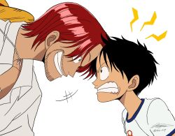 Rule 34 | 2boys, aged down, black eyes, black hair, child, clenched teeth, commentary request, facial hair, hat, highres, keppon, looking at another, male focus, monkey d. luffy, multiple boys, one piece, red hair, shanks (one piece), shirt, short hair, signature, simple background, smile, straw hat, teeth, unworn hat, unworn headwear, white background, white shirt