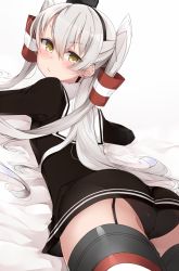 Rule 34 | 10s, 1girl, amatsukaze (kancolle), ass, bad id, bad pixiv id, black panties, blush, brown eyes, cole (coleltu), dress, garter straps, hair tubes, kantai collection, long hair, looking back, panties, sailor dress, silver hair, solo, striped clothes, striped thighhighs, thighhighs, two side up, underwear