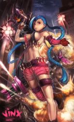 Rule 34 | 1girl, alternate breast size, asymmetrical clothes, bad id, bad pixiv id, blue hair, braid, breasts, bullet, detached sleeves, covered erect nipples, explosion, fingerless gloves, gloves, highres, jinx (league of legends), large breasts, league of legends, long hair, midriff, navel, red eyes, rope play, shorts, sideboob, single thighhigh, solo, tattoo, thigh strap, thighhighs, twin braids, very long hair, weapon