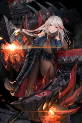 Rule 34 | 1girl, absurdres, aegir (azur lane), artillery, asymmetrical footwear, azur lane, bare shoulders, black cape, bodystocking, boots, breast curtains, breasts, cape, cross, cross-laced clothes, cross earrings, demon horns, earrings, elbow gloves, full body, gloves, hand in own hair, hand on own cheek, hand on own face, highres, horns, huijin zhi ling, iron cross, jewelry, knee boots, large breasts, long hair, looking at viewer, microskirt, multicolored hair, non-humanoid robot, red hair, rigging, robot, robot animal, single knee boot, sitting, skirt, smile, solo, streaked hair, taut clothes, turret, two-tone hair, underbust, uneven footwear, white hair, yellow eyes