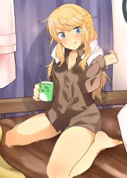 Rule 34 | 1girl, 216 zig, blonde hair, blue eyes, blush, breasts, brown shirt, cleavage, commentary request, cup, dress shirt, feet, food, food on face, hand up, highres, holding, holding cup, idolmaster, idolmaster cinderella girls, indoors, legs, licking lips, long hair, looking at viewer, milk mustache, mug, no pants, ohtsuki yui, pina korata, shirt, sitting, smile, solo, swept bangs, thighs, tongue, tongue out, towel, towel around neck, wariza, wavy hair