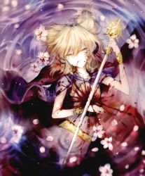 Rule 34 | 1girl, blonde hair, blood, blood on face, blood splatter, blood on clothes, bracelet, cape, earmuffs, flower, highres, huang li ling, injury, jewelry, looking at viewer, lying, on back, partially submerged, petals, short hair, sleeveless, solo, sword, touhou, toyosatomimi no miko, water, weapon, yellow eyes