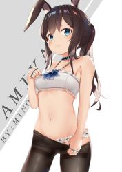 Rule 34 | 1girl, absurdres, alternate costume, amiya (arknights), animal ears, arknights, bikini, black pantyhose, blue eyes, breasts, brown hair, character name, choker, closed mouth, clothes pull, collarbone, cowboy shot, enmaided, grey background, hair between eyes, halterneck, highres, jewelry, long hair, looking at viewer, maid, minoominoomi, neck ring, pantyhose, pantyhose over swimsuit, pantyhose pull, pulled by self, rabbit ears, ribbon-trimmed bikini, ring, small breasts, solo, standing, stomach, swimsuit, two-tone background, white background, white bikini