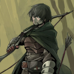 Rule 34 | 1boy, archery, armor, arrow (projectile), belt, bow (weapon), cape, chest armor, forest, gloves, green cape, grey eyes, grey hair, holding, holding arrow, holding bow (weapon), holding weapon, male focus, nature, original, rightorisamraido3, short hair, simple background, solo, weapon
