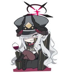 Rule 34 | 1girl, alcohol, black footwear, black skirt, blue archive, boots, brown pantyhose, cat, chair, chibi, crossed legs, cup, drinking glass, gloves, grey eyes, grey hair, hair over one eye, halo, hat, highres, holding, holding cup, horns, jacket, long hair, looking at viewer, makoto (blue archive), mzh, pantyhose, peaked cap, sidelocks, simple background, sitting, skirt, solo, very long hair, white background, white gloves, wine, wine glass
