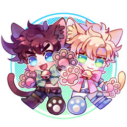 Rule 34 | 2boys, :3, animal ear fluff, animal ears, animal hands, battle tendency, bell, belt, blonde hair, blue eyes, blue footwear, blue jacket, bow, bowtie, brown footwear, brown hair, caesar anthonio zeppeli, cat boy, cat ears, cat paws, cat tail, chibi, circle, closed mouth, crop top, denim, dot nose, facial mark, green bow, green eyes, half-closed eyes, headband, highres, jacket, jeans, jingle bell, jojo no kimyou na bouken, joseph joestar, joseph joestar (young), kemonomimi mode, knee pads, looking at viewer, male focus, multiple boys, neck bell, open mouth, pants, paw shoes, pink bow, shirt, shoes, short hair, side-by-side, sky kiki, smile, striped, striped bow, tail, white pants, white shirt