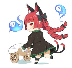 Rule 34 | 1girl, :3, animal ear fluff, animal ears, black dress, braid, cat ears, cat tail, chibi, crys (dai), dress, extra ears, from behind, hitodama, kaenbyou rin, long hair, looking at viewer, looking back, multiple tails, nekomata, pointy ears, profile, red eyes, red hair, simple background, skull, solo, tail, touhou, twin braids, twintails, two tails, very long hair, wheelbarrow, white background