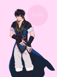 Rule 34 | absurdres, black hair, english text, fingerless gloves, fire emblem, fire emblem awakening, gloves, gold trim, highres, holding, holding sword, holding weapon, lon&#039;qu (fire emblem), looking at viewer, male focus, messy hair, nintendo, pink background, simple background, solo, spiked hair, standing, sword, tomoe (symbol), weapon