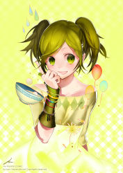 Rule 34 | 1girl, balloon, bare shoulders, bowl, bracelet, collarbone, female focus, gradient background, green eyes, green hair, hand on own face, jewelry, kaninn, matching hair/eyes, original, pointing, short hair, smile, solo, twintails, water drop