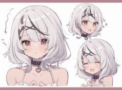 Rule 34 | + +, 1girl, :d, bare shoulders, black collar, black hair, blush, braid, closed eyes, collar, crying, crying with eyes open, ear piercing, fang, hair ornament, highres, hololive, medium hair, multicolored hair, multiple views, open mouth, piercing, portrait, red eyes, roku 6, sakamata chloe, silver hair, skin fang, smile, spaghetti strap, sparkle, streaked hair, tears, translation request, virtual youtuber, x hair ornament