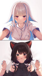 Rule 34 | 2girls, absurdres, animal ears, black sweater, blue hair, blue nails, blunt bangs, blush, brown hair, closed mouth, collared shirt, colored inner hair, commentary request, dog ears, dog hair ornament, girl on top, hair ornament, heterochromia, highres, holding another&#039;s wrist, inui toko, lize helesta, long hair, long sleeves, looking at another, looking at viewer, lying, multicolored hair, multiple girls, nail polish, nenehotoso, nijisanji, on back, parted lips, purple eyes, red eyes, ribbed sweater, shirt, short sleeves, silver hair, sweater, thighhighs, turtleneck, turtleneck sweater, two-tone hair, upper body, virtual youtuber, white background, white shirt, yellow eyes, yuri
