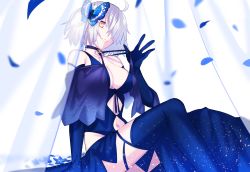 Rule 34 | 1girl, bad id, bad pixiv id, bare shoulders, breasts, butterfly hair ornament, choker, clothes pull, dress, dress pull, elbow gloves, fate/grand order, fate (series), gloves, grin, hair ornament, hair over one eye, highres, jeanne d&#039;arc (fate), jeanne d&#039;arc alter (avenger) (fate), jeanne d&#039;arc alter (fate), large breasts, navel, petals, seseragi azuma, sitting, smile, solo, thighhighs, white hair, yellow eyes
