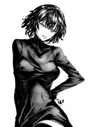 Rule 34 | 1girl, black dress, black hair, breasts, dress, fubuki (one-punch man), hand on own hip, highres, large breasts, longlong (drasdr7513), looking at viewer, monochrome, one-punch man, short hair, simple background, smile, solo, white background, wrinkled fabric