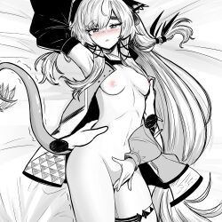 Rule 34 | 1girl, apis mellifera, arknights, arm up, blush, breasts, covering crotch, covering privates, cowboy shot, detached sleeves, disembodied hand, greyscale, half-closed eyes, highres, jacket, long hair, looking at viewer, lying, monochrome, nipples, nude, on back, on bed, open clothes, open jacket, pussy, pussy peek, sleeveless, sleeveless jacket, small breasts, solo, spot color, tail, torso grab, trembling, triangle mouth, weedy (arknights)