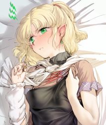 Rule 34 | 1girl, angry, arm warmers, blonde hair, blush, earrings, geppewi, green eyes, twirling hair, jewelry, looking away, md5 mismatch, mizuhashi parsee, on bed, pointy ears, ponytail, resized, scarf, short hair, short sleeves, solo, tears, touhou, upper body
