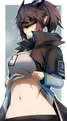 Rule 34 | 1girl, arknights, black blindfold, black jacket, blindfold, blush, breasts, brown hair, closed mouth, clothes lift, covered eyes, cowboy shot, embarrassed, frown, gin moku, grey background, grey shirt, groin, highres, horns, id card, jacket, lanyard, large breasts, lifting own clothes, long sleeves, medium hair, navel, oni horns, outline, ponytail, shirt, shirt lift, simple background, solo, standing, steaming body, stomach, sweatdrop, toned, yato (arknights)