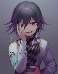 Rule 34 | 1boy, black hair, checkered clothes, checkered scarf, commentary request, danganronpa (series), danganronpa v3: killing harmony, gradient background, grey background, hand on own cheek, hand on own face, highres, huyuharu0214, long sleeves, looking at viewer, lower teeth only, male focus, multicolored hair, open mouth, oma kokichi, purple eyes, purple hair, scarf, short hair, signature, smile, solo, straitjacket, tears, teeth, upper body