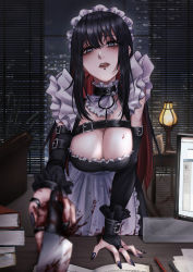 Rule 34 | 1girl, apron, black dress, black hair, black nails, blood, breasts, bridal gauntlets, detached sleeves, dress, earrings, expulse, frilled apron, frills, goth fashion, highres, indoors, jewelry, knife, large breasts, lip piercing, long hair, maid, maid headdress, mole, mole under eye, multicolored hair, nail polish, original, piercing, pile of books, red hair, table, two-tone hair, waist apron, white apron, window, zenith (expulse)