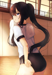 Rule 34 | 1girl, absurdres, adjusting buruma, adjusting clothes, ass, black buruma, black hair, blue eyes, buruma, commission, from behind, gym, gym uniform, highres, indoors, long hair, nei (aduma1120ponpon), open mouth, original, pixiv commission, ponytail, shirt, short sleeves, solo, sweat, thighs, towel, white shirt, wiping, wiping face, wiping sweat