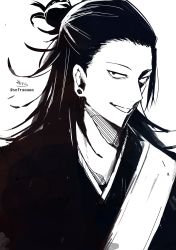 Rule 34 | 1boy, absurdres, earrings, forehead, getou suguru, greyscale, hair bun, highres, japanese clothes, jewelry, jujutsu kaisen, kimono, long hair, looking at viewer, male focus, monochrome, parted lips, signature, simple background, single hair bun, smile, sofra, solo, twitter username, upper body, white background