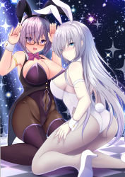 Rule 34 | 2girls, anastasia (fate), animal ears, bare shoulders, black leotard, blue eyes, blush, boots, bow, bowtie, breasts, checkered floor, cleavage, commentary request, detached collar, fake animal ears, fate/grand order, fate (series), fishnet pantyhose, fishnets, glasses, hair between eyes, high heels, highres, large breasts, leotard, long hair, looking at viewer, mash kyrielight, multiple girls, okatora, open mouth, pantyhose, playboy bunny, purple eyes, purple hair, rabbit ears, rabbit tail, seiza, short hair, silver hair, sitting, sky, star (sky), starry sky, tail, thigh boots, thighhighs, white leotard, wrist cuffs