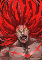Rule 34 | 1boy, big hair, black sclera, colored sclera, dark-skinned male, dark skin, facepaint, highres, laughing, long hair, male focus, necalli, no pupils, open mouth, pectorals, red hair, samidare satsuki, solo, street fighter, street fighter v, topless male, upper body, very long hair, yellow eyes