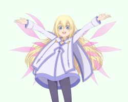 Rule 34 | 1girl, :d, blonde hair, blue eyes, choker, colette brunel, dress, highres, jewelry, kaien advance, long hair, looking at viewer, open mouth, pantyhose, simple background, skirt, smile, solo, tales of (series), tales of symphonia, wings