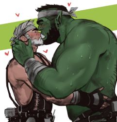 Rule 34 | 2boys, arm hair, bara, bare shoulders, beard, chest hair, colored skin, couple, dopey (dopq), facial hair, fangs, fingerless gloves, from side, gloves, green skin, hairy, hand on another&#039;s head, headband, highres, interspecies, kiss, large pectorals, male focus, monster boy, multiple boys, muscular, muscular male, navel hair, old, old man, orc, original, paid reward available, pectorals, pointy ears, short hair, size difference, sweat, textless version, topless male, upper body, white hair, yaoi