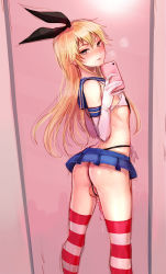Rule 34 | 1boy, ass, blonde hair, cellphone, condom, condom on penis, cosplay, crossdressing, gloves, hairband, highres, kantai collection, long hair, male focus, microskirt, panties, penis, penis in panties, phone, precum, selfie, shimakaze-kun, shimakaze (kancolle), shimakaze (kancolle) (cosplay), shimakaze (kantai collection), skirt, smartphone, smile, solo, striped clothes, striped thighhighs, thighhighs, thong, trap, tsukuru (seki sabato), underwear, used condom, used condom on penis