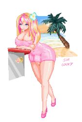 Rule 34 | 1girl, animated, animated gif, beach, blonde hair, blue eyes, breasts, futanari, gyaru, highres, large breasts, latex, light, long hair, non-web source, original, penis, pink hair, pixel art, pixelated, solo, thick thighs, thighs, vacation