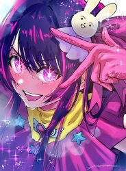 Rule 34 | 1girl, brooch, commentary, dress, gloves, hair between eyes, hair ornament, heart, heart brooch, highres, hoshino ai (oshi no ko), jewelry, long hair, looking at viewer, micro (micro222), one side up, open mouth, oshi no ko, pink dress, pink gloves, purple eyes, purple hair, rabbit hair ornament, sidelocks, smile, solo, star-shaped pupils, star (symbol), sweat, swept bangs, symbol-shaped pupils, v