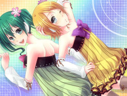 Rule 34 | 2girls, arm up, arm warmers, bad id, bad pixiv id, blush, bow, colorful x melody (vocaloid), flower, green eyes, green hair, hand on own hip, hatsune miku, hip focus, kagamine rin, looking back, multiple girls, one eye closed, project diva (series), project diva 2nd, short hair, siempre, thighhighs, twintails, vocaloid, wink