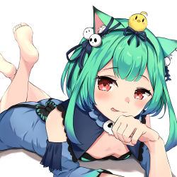 Rule 34 | 1girl, absurdres, animal ears, bare shoulders, barefoot, bird, blue dress, blue hair, blue sleeves, blush, bow, breasts, brooch, cat ears, chick, detached collar, detached sleeves, downblouse, dress, dress bow, frilled dress, frills, gradient hair, green hair, hair ornament, hair ribbon, highres, hiyoco 18, hololive, hololive fantasy, jewelry, looking at viewer, lying, multicolored hair, off-shoulder dress, off shoulder, on stomach, paw pose, piyoko (uruha rushia), pom pom (clothes), red eyes, ribbon, short dress, short hair, skull hair ornament, small breasts, smile, solo, strapless, strapless dress, uruha rushia, uruha rushia (1st costume), virtual youtuber, white background, wide sleeves