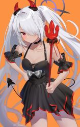 Rule 34 | 1girl, black dress, black tail, blue archive, blush, bow, closed mouth, cowboy shot, dress, fake horns, grey bow, grey hair, hair over one eye, halloween, halloween costume, halo, holding, holding polearm, holding weapon, horns, iori (blue archive), long hair, looking at viewer, orange background, pointy ears, polearm, purple halo, red eyes, red horns, simple background, solo, trident, twintails, twitter username, weapon, yamamura umi