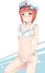 Rule 34 | 10s, 1girl, bikini, blush, breasts, hat, highres, kantai collection, navel, ranju aira, red eyes, red hair, short hair, small breasts, solo, swimsuit, z3 max schultz (kancolle)