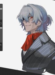 Rule 34 | 1boy, antonio salieri (fate), antonio salieri (second ascension) (fate), art program in frame, ascot, commentary, empty eyes, fate/grand order, fate (series), grey hair, grey jacket, hair between eyes, hair intakes, half updo, highres, jacket, lapels, looking at viewer, looking to the side, male focus, notched lapels, pinstripe jacket, pinstripe pattern, procreate (medium), red ascot, red eyes, shirt, short hair, sideways glance, simple background, smirk, solo, striped clothes, striped jacket, takustorage, upper body, vertical-striped clothes, vertical-striped jacket, white background, white shirt