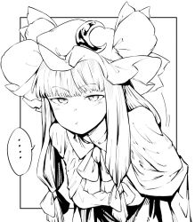 Rule 34 | 1girl, :t, bow, breasts, crescent, crescent hat ornament, daitai konna kanji, greyscale, hair bow, hat, hat ornament, hat ribbon, leaning forward, long hair, looking at viewer, medium breasts, mob cap, monochrome, neck ribbon, patchouli knowledge, pout, ribbon, simple background, solo, touhou, upper body, white background