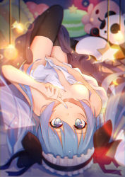 Rule 34 | 1girl, absurdres, bed sheet, black thighhighs, blanket, blue nails, blurry, blush, breasts, closed mouth, collar, covering privates, crescent, depth of field, finger to mouth, food, foreshortening, frilled pillow, frills, from behind, hairband, hatsune miku, highres, index finger raised, knees up, lens flare, light, light bulb, light particles, lolita hairband, long hair, looking at viewer, looking back, lying, macaron, menghuan tian, nail polish, nude, nude cover, on back, on bed, open clothes, open shirt, pillow, shirt, shushing, small breasts, smile, solo, star (symbol), stuffed animal, stuffed panda, stuffed toy, tareme, thighhighs, twintails, very long hair, vocaloid