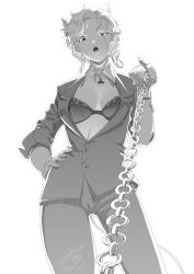 Rule 34 | 1girl, absurdres, animal ears, bra, breasts, cat ears, cat girl, cat tail, chain, cleavage, commentary, cowboy shot, detached collar, earrings, english commentary, femdom, greyscale, half-closed eye, hand on own hip, highres, jacket, jewelry, khoaphan96, medium breasts, monochrome, open mouth, original, pov, scar, scar across eye, short hair, signature, solo, suit jacket, tail, twitter username, underwear