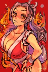 Rule 34 | 1girl, bare shoulders, breasts, brown hair, chariot hait, cleavage, fatal fury, fire, highres, large breasts, long hair, looking at viewer, ninja, ponytail, shiranui mai, sideboob, sleeveless, the king of fighters
